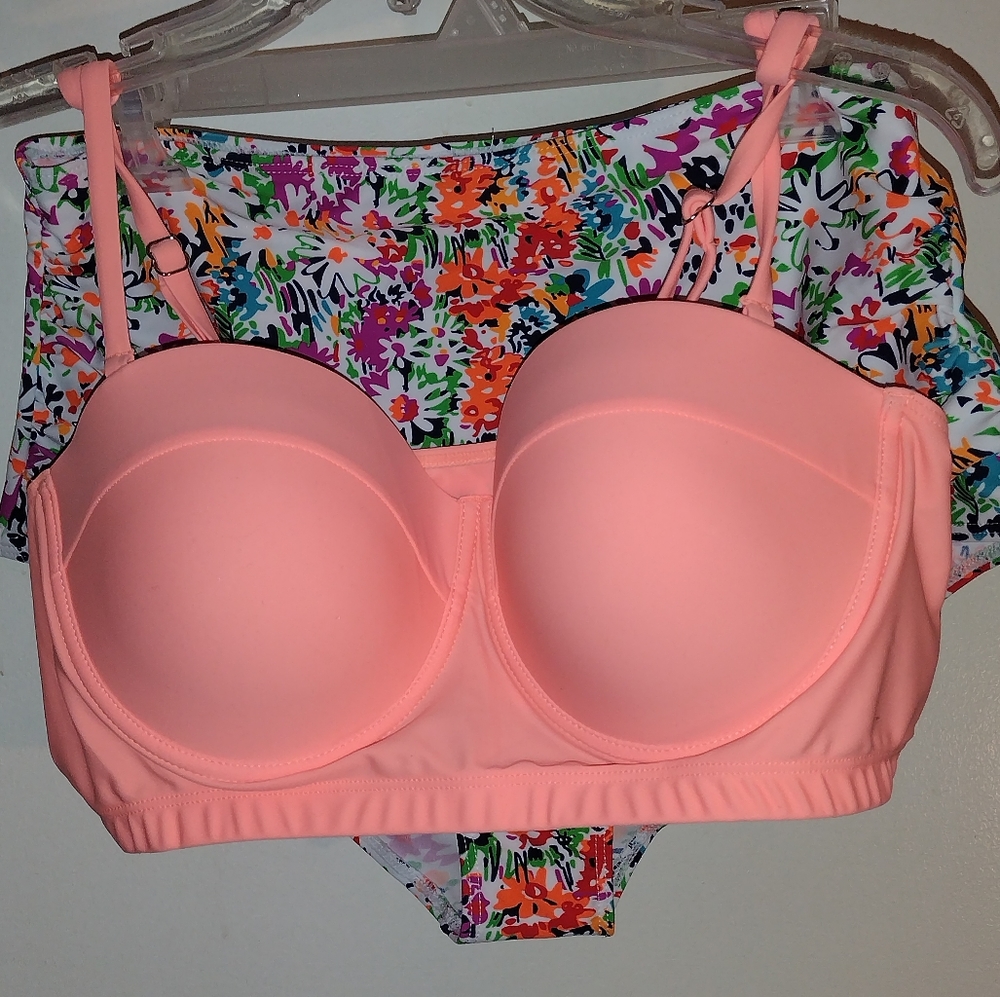 PEACH W/ COLORFUL FLOWERS 2 PIECE BIKINI SET